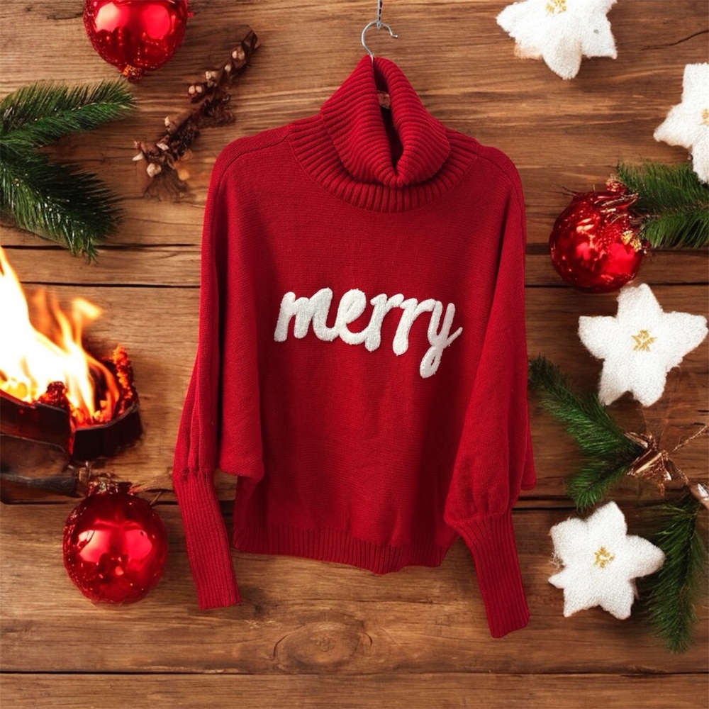 Red Turtleneck Sweater with 'Merry' Embroidery